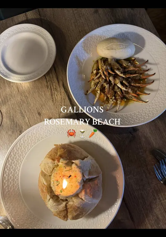 Gallion's in Rosemary Beach showing blackened crab claws, butter candle, carrot cake, video by torinorrell on TikTok