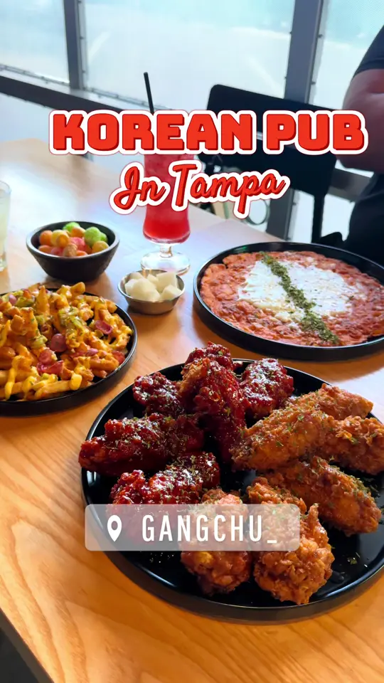 GANGCHU in Tampa showing korean fried chicken, tteokbokki, makgeolli, drinks, karaoke, grand opening, video by denalovesfood on TikTok