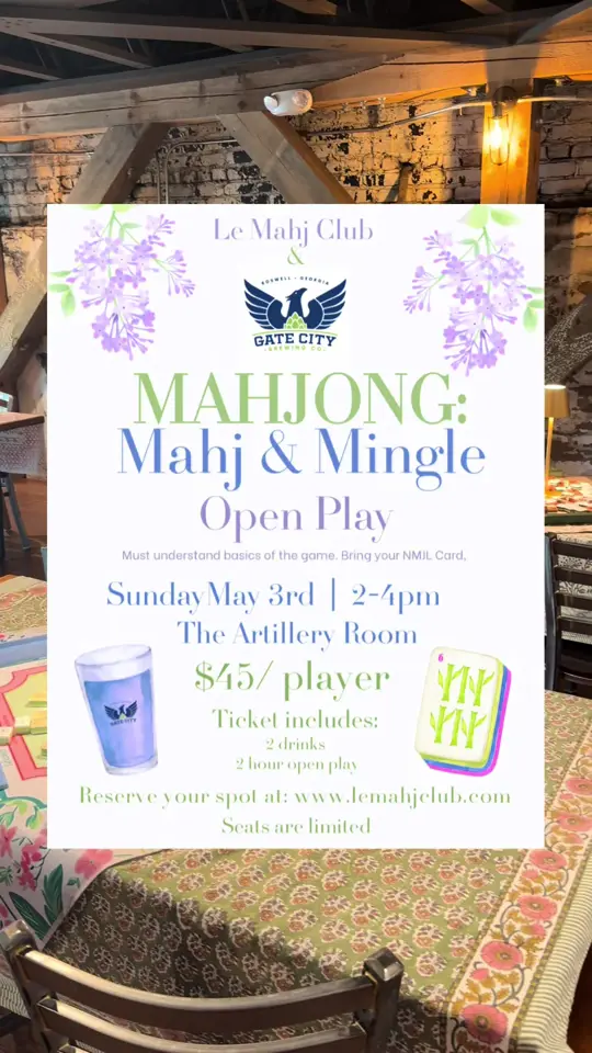 Gate City Brewing Company in Roswell showing event, mahjong open play, video by lemahjclub on TikTok