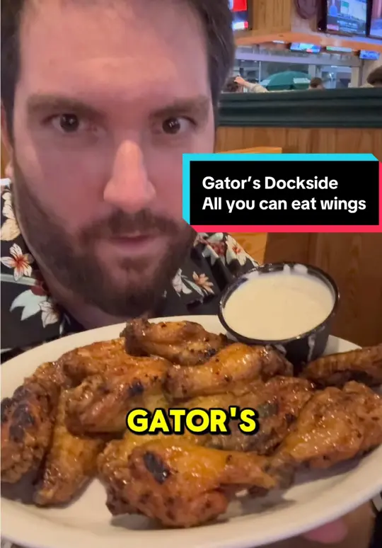 Gators Dockside in Orlando showing all you can eat wings, wing sauces, review, video by floridafooddude on TikTok
