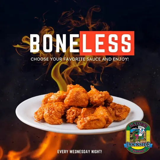 Gators Grill in Melbourne showing boneless wings, fries, pints, pitchers, buckets, video by Gators Dockside Apopka on Facebook