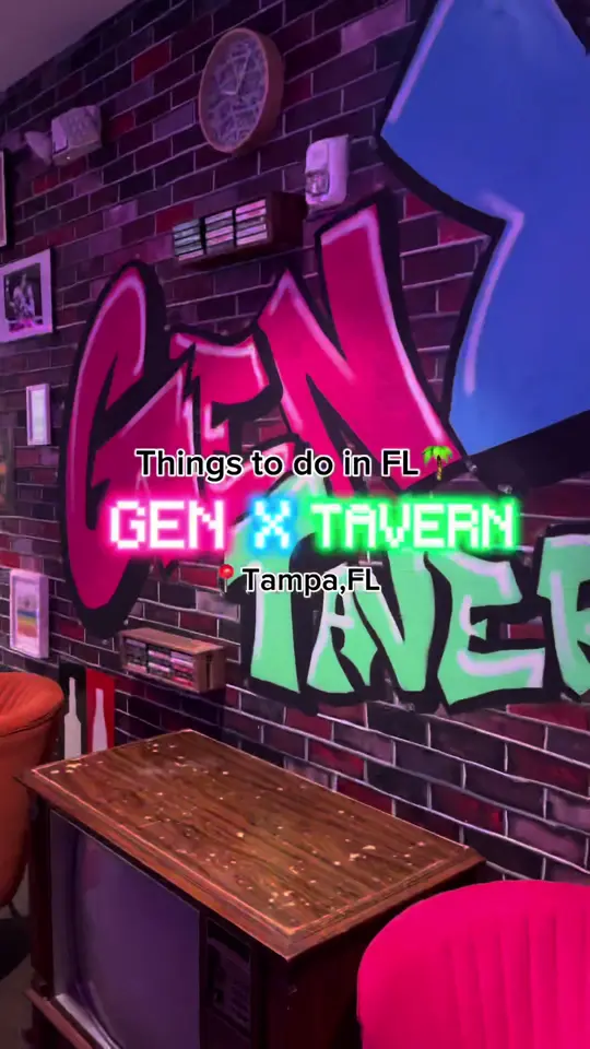 GenX Tavern in Tampa showing review, visit, 80s & 90s themed tavern, arcade games, board games, video by kaymarie023 on TikTok