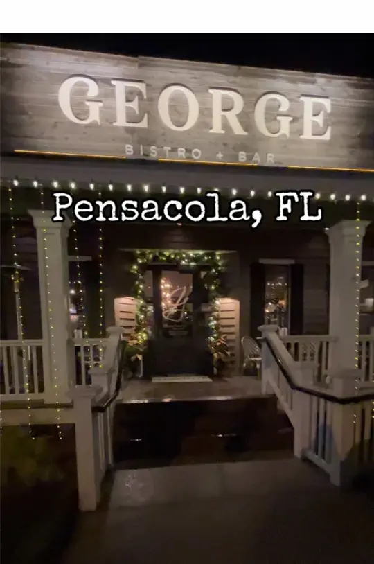 George Bistro + Bar in Pensacola showing review, visit, appetizer, fig & pear ricotta, drink, tarragon fiz / main course, filet mignon / pasta, alfredo pappardelle / dessert,, video by emerald.coast.eateries on TikTok