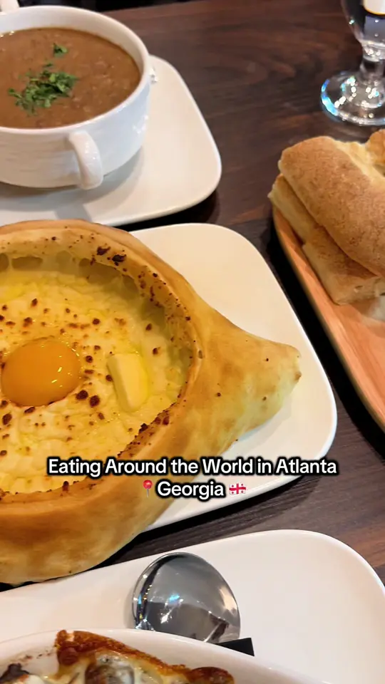 Georgian Corner Restaurant in Roswell showing restaurant visit, khachapuri, video by nextstopsteph on TikTok