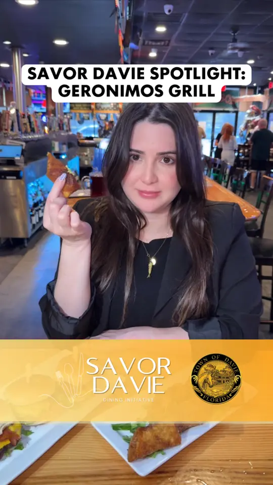 Geronimos Grill in Davie showing food, flaming saganaki, escargot baguette, smash burger, brownie blast, prix-fixe menu, video by Town of Davie - Government on Facebook