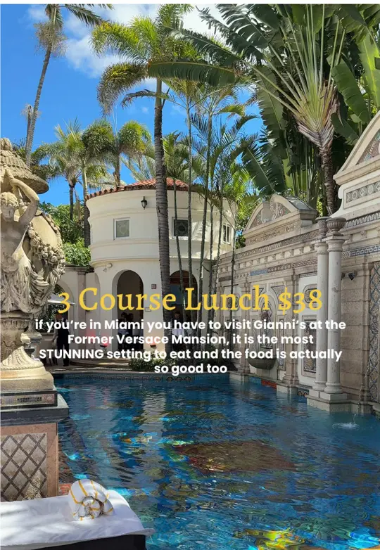 Gianni's At The Former Versace Mansion in Miami Beach showing review, visit, atmosphere, video by eats.travels on TikTok