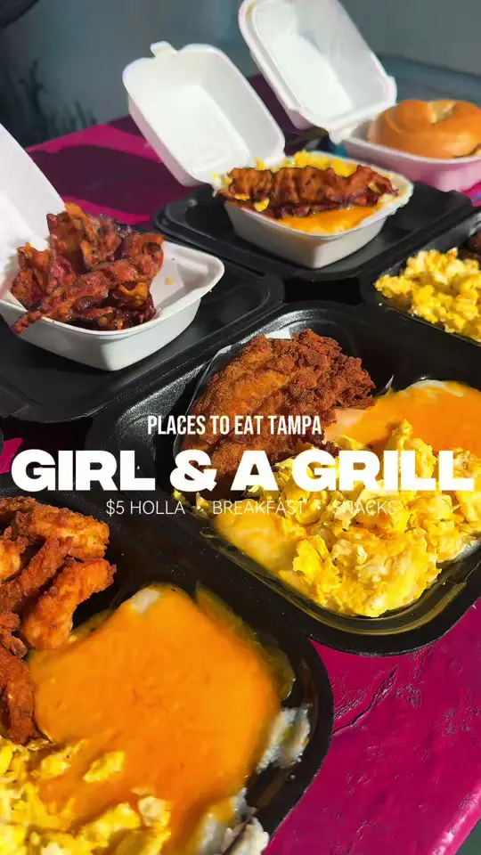 Girl And A Grill in Tampa showing breakfast, grits, fish, pancakes, $5 holla, video by iammiaalexis on TikTok