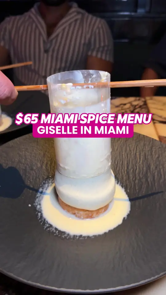 Giselle Miami in Miami showing review, visit, tuna truffle cones, wagyu dumplings, crispy snapper, peking chicken with fluffy bao, six leches, video by zackaryeats on TikTok