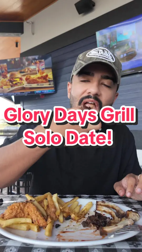 Glory Days Grill in Tallahassee showing solo date, mukbang, vlog, video by itsgabrielrivera on TikTok