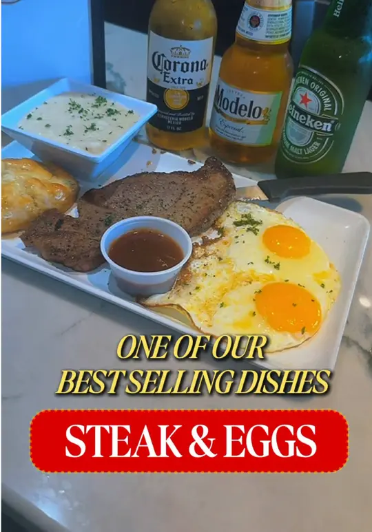 Gocha's Breakfast Bar in Atlanta showing steak, eggs, video by gochabreakfastbar1 on TikTok