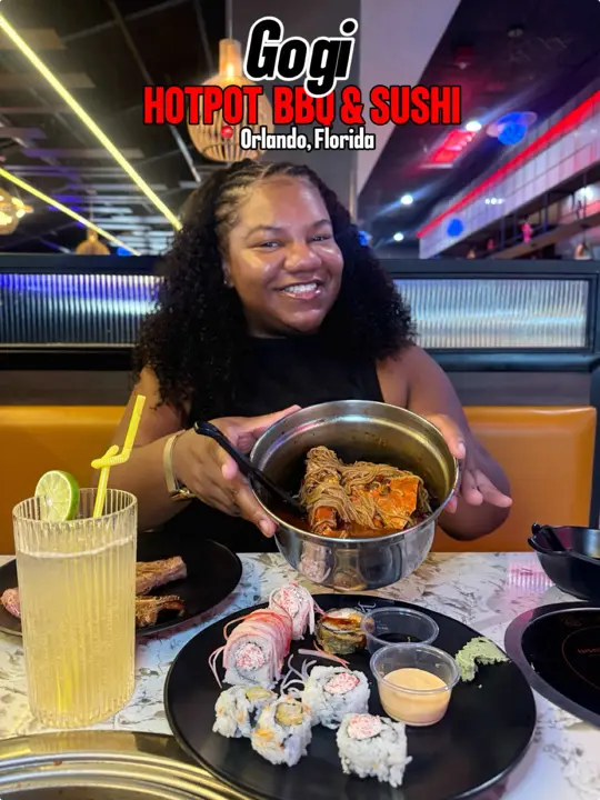 gogi hotpot korean bbq & sushi in Orlando showing hotpot, korean bbq, sushi, seafood, premium meats, fresh veggies, video by marshaye_andrea on TikTok