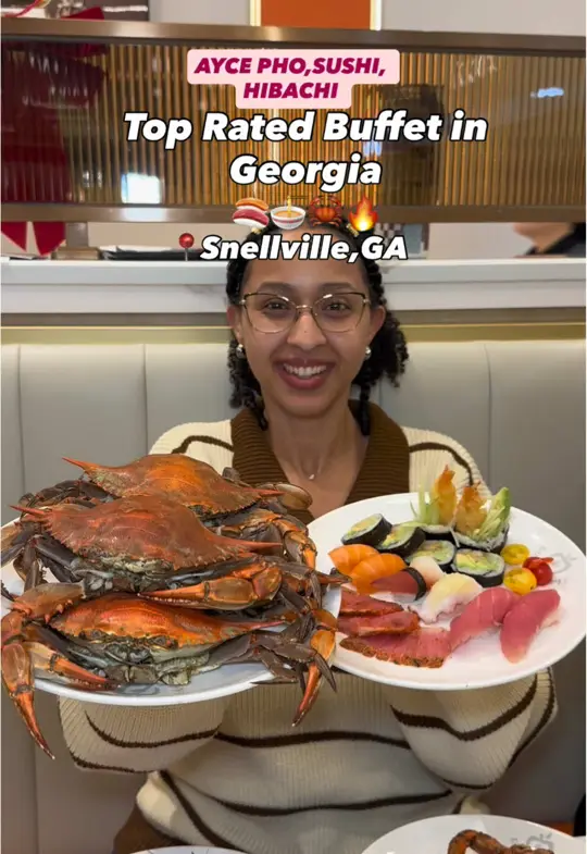 Golden Apple Buffet in Snellville showing review, visit, classic chinese buffet dishes, pho, hibachi, sushi, blue crab, salmon nigiri, seafood boil, fruit, desserts, ice cream, video by travelfoodie_ishy on TikTok