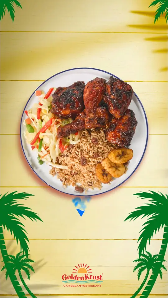 Golden Krust Caribbean Restaurant in Sunrise showing jerk chicken, flaky patties, authentic jamaican flavors, video by Golden Krust on Facebook