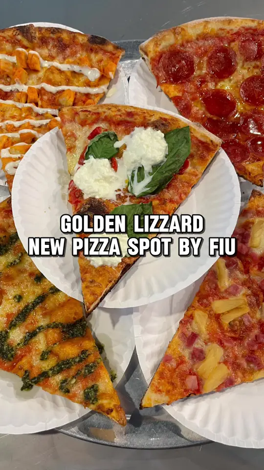 Golden Lizzard Pizza in Miami showing pizza, vodka pesto pizza, buffalo chicken pizza, hot honey pepperoni pizza, margherita pizza, hawaiian pizza, video by jakes.eats on TikTok