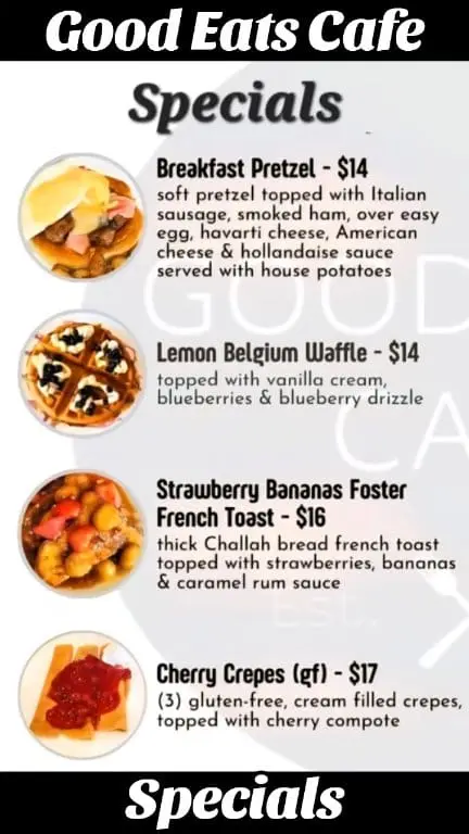 Good Eats Breakfast and Grill in New Port Richey showing breakfast pretzel, lemon belgium waffle, strawberry bananas foster french toast, cherry crepes, veggie egg white omelette, grilled octopus salad, video by Good Eats Cafe on Facebook