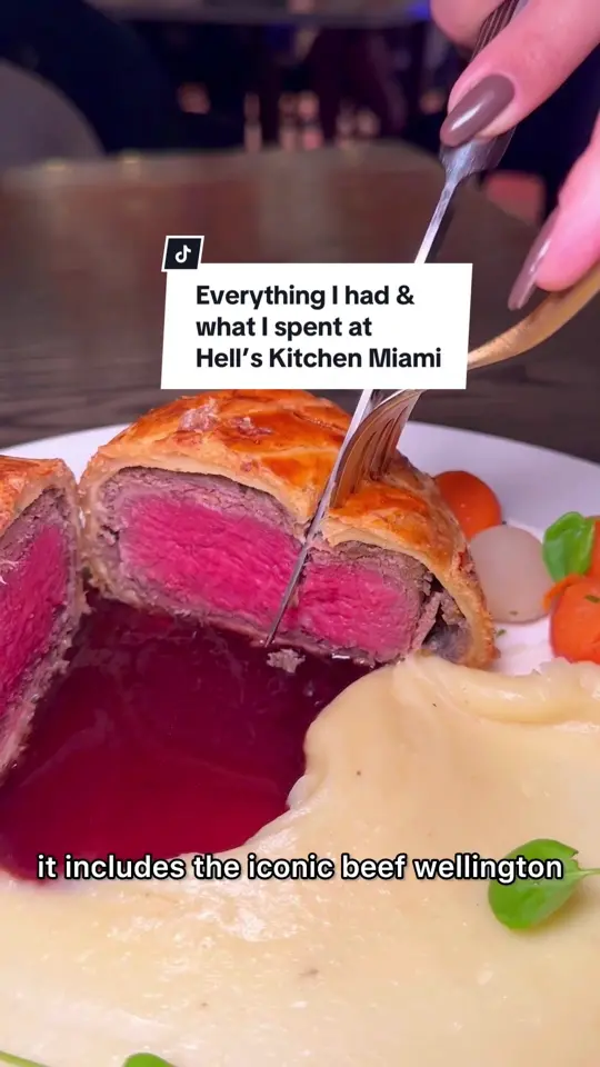Gordon Ramsay Hell's Kitchen - Miami in Miami showing review, visit, pan-seared scallops, beef wellington, sticky toffee pudding, lobster risotto, baked mac and cheese, braised short rib, coconut three ways, video by iviethefoodie on TikTok