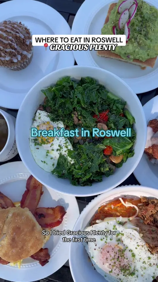 Gracious Plenty Bakery & Breakfast in Roswell showing breakfast, hash brown bowl, avocado toast, monkey bread, zucchini muffin, video by thatredheadedfoodie on TikTok