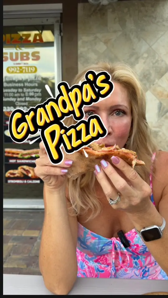 Grandpa's Pizza in Bonita Springs showing review, pizza, garlic crust, video by Krista Fogelsong on Facebook