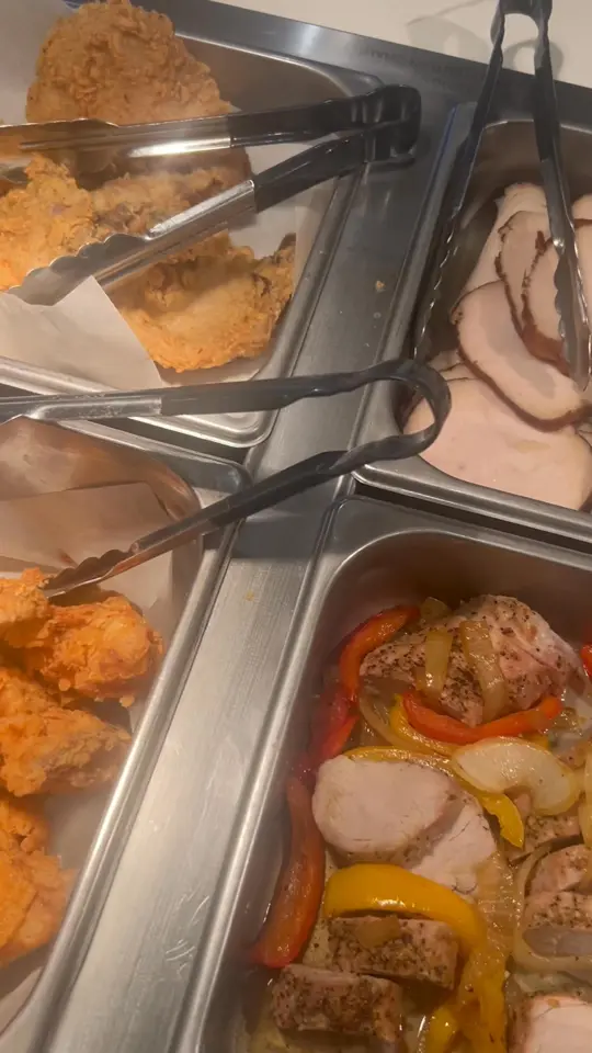 Grandy's in Brunswick showing food, turkey and dressing, rice, mashed potatoes and gravy, mac and cheese, video by Lisa Armstrong-Parker on Facebook