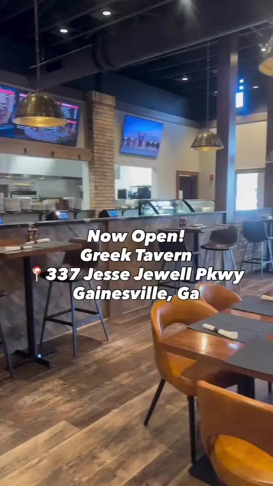 Greek Tavern in Gainesville showing review, chicken wrap with yogurt sauce, lemon potatoes, salad, greek dressing, chicken alfredo, video by gainesvillenow on TikTok