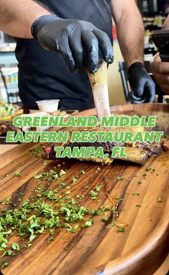 Greenland Restaurant at Busch in Tampa showing food, grilled meats, shawarma, falafel, hummus, fresh-baked bread, video by realbrandonsocial on TikTok