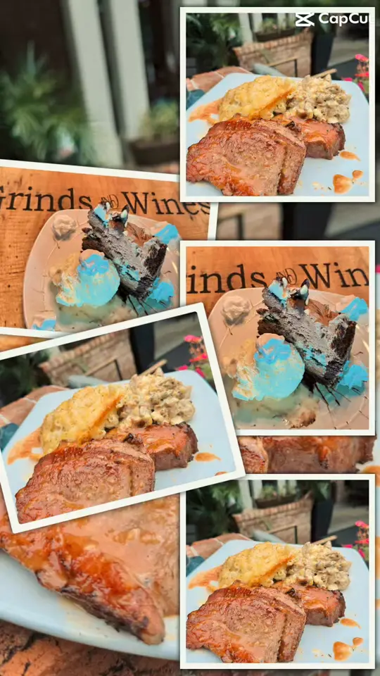 Grinds & Wines in Peachtree City showing food, bbq brisket, mac & cheese, dirty potato salad, soup, lobster bisque, video by Grinds and Wines on Facebook