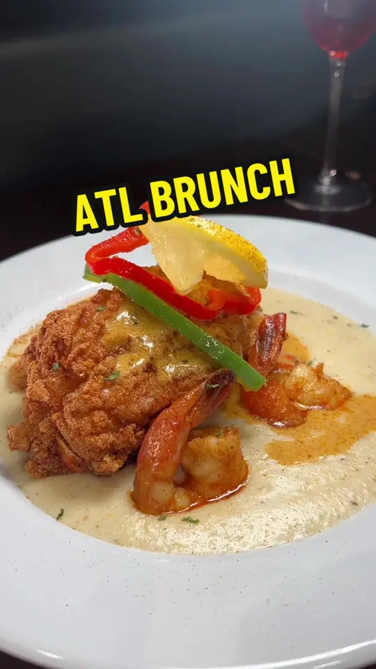 Grits and Eggs Breakfast Kitchen in Atlanta showing review, shrimp and grits, pancakes, mimosa, beignets, crab cake, eggs benedict, video by destinyseats on TikTok