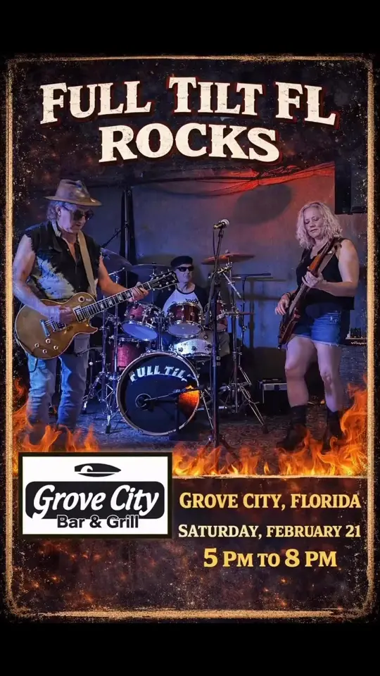 Grove City Bar & Grill in Englewood showing visit, great food, video by Full Tilt Fl on Facebook