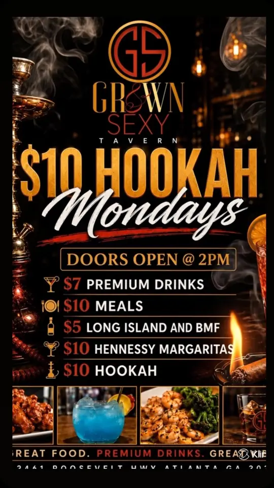 Grown and Sexy Tavern in Atlanta showing hookah, premium drinks, meals, cigars, atmosphere, video by Grown & Sexy Tavern on Facebook