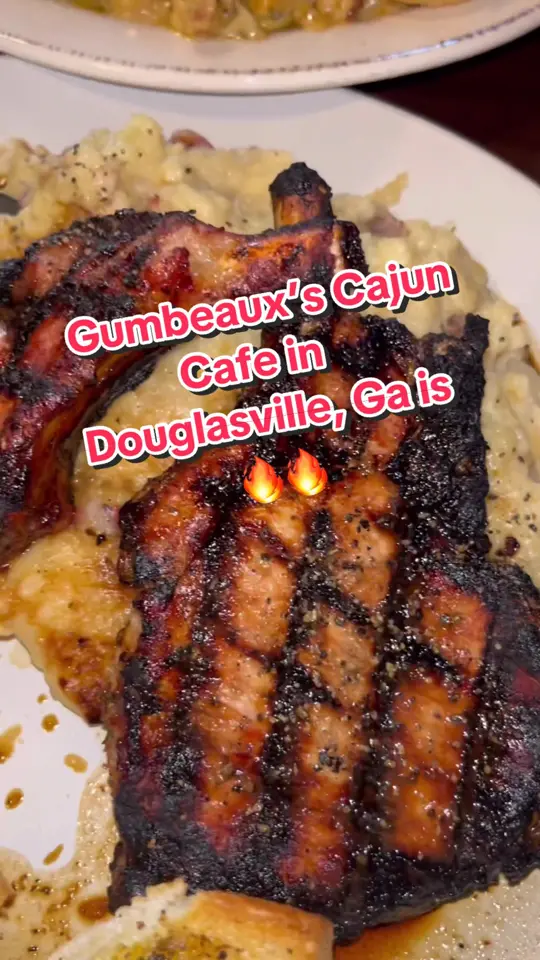 Gumbeaux's, A Cajun Cafe in Douglasville showing review, crab spinach artichoke dip, seafood rotini, pork chops, video by chrissyeatsatl on TikTok