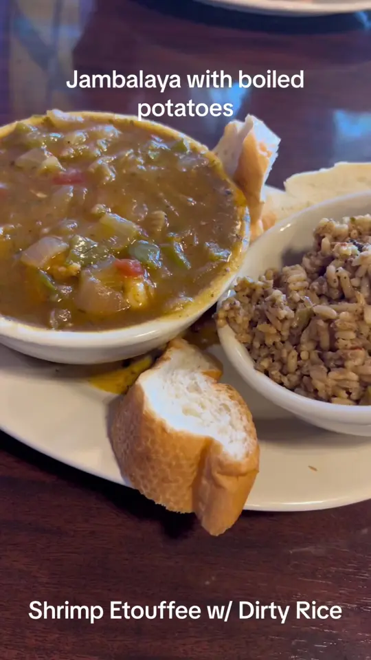 Gumbeaux's, A Cajun Cafe in Douglasville showing food, shrimp toffee, jambalaya, boiled potatoes, oyster, dirty rice, video by destinylashan on TikTok