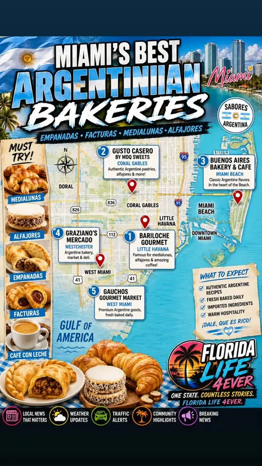  in Florida showing bakery, medialunas, alfajores, empanadas, cafe, dulce de leche desserts, video by Florida LifeForever on Facebook