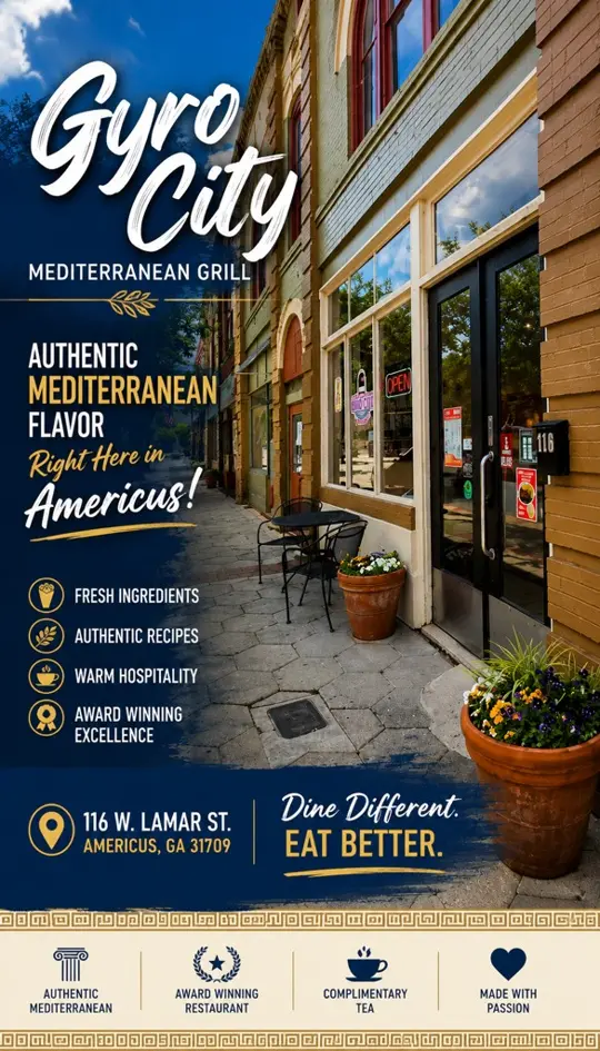 Gyro City Mediterranean Grill in Americus showing review, visit, atmosphere, goat meat gyro, angus burger, fries, pistachio baklava, bird's nest, video by Jeremy Hudson on Facebook
