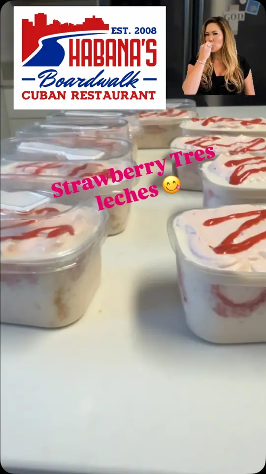 Habana's Boardwalk in Tallahassee showing food, strawberry tres leches, video by Habanas Boardwalk on Facebook