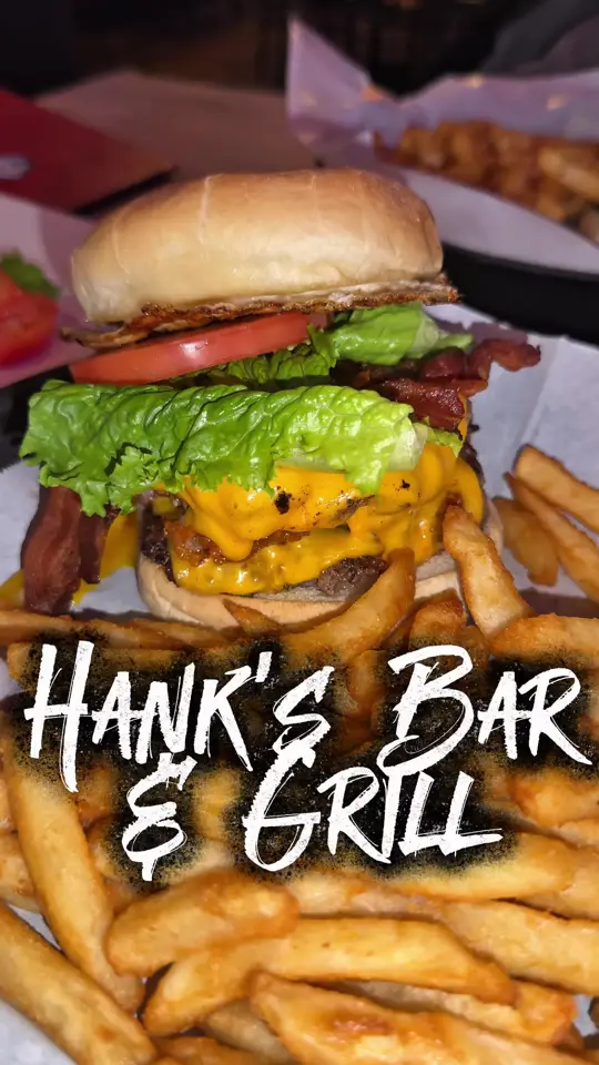 Hank's Bar & Grill in Columbus showing review, visit, food, cajun crab bites, breakfast burger, video by mr.goalchaser on TikTok