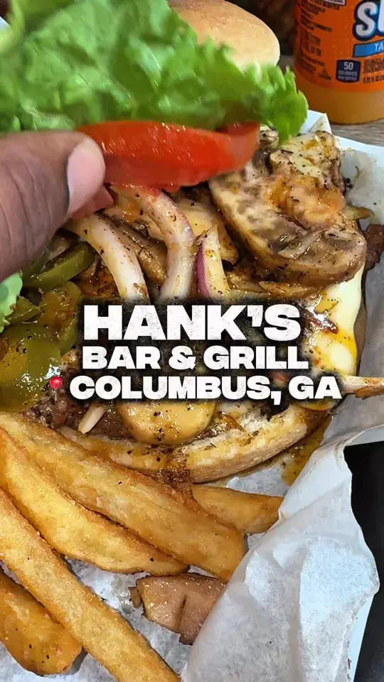 Hank's Bar & Grill in Columbus showing food, crab bites, food, cajun burger, food, chili thai wings, video by mr.goalchaser on TikTok
