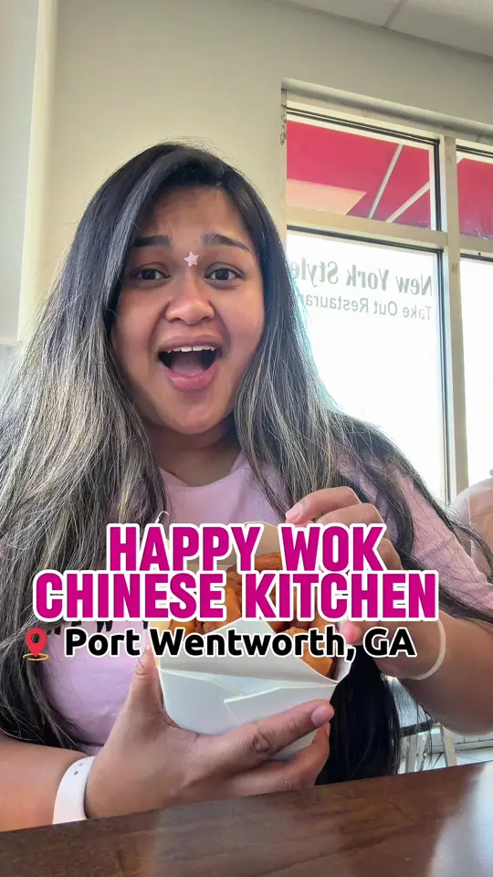 Happy Wok in Port Wentworth showing review, lo mein, veggies, rice, sweet-and-sour chicken, video by viseatwithv on TikTok