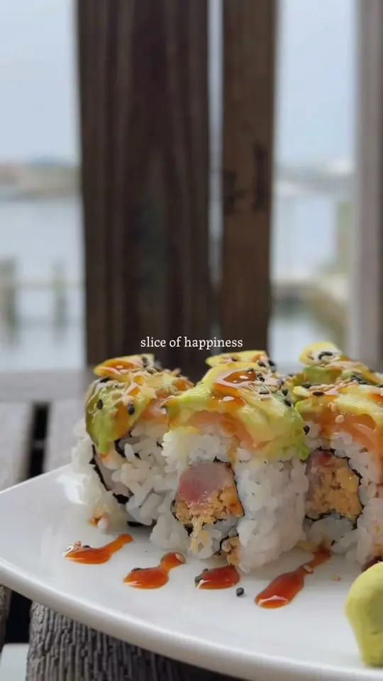Harbor Docks in Destin showing sushi roll, food, video by Harbor Docks on Facebook