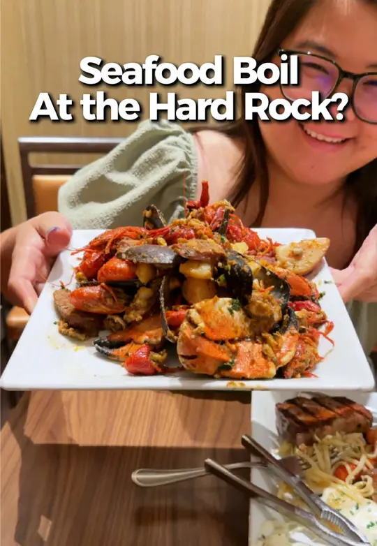 Hard Rock Cafe At Seminole Hard Rock Hotel & Casino - Tampa in Tampa showing visit, seafood boil, stone crab claws, crawfish, shrimp, mussels, video by denalovesfood on TikTok