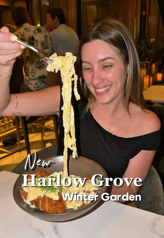 Harlow Grove in Winter Garden showing visit, review, atmosphere, cocktail, hg espresso martini, forever young, dime piece, goat cheese croquettes, short rib dip, steak frites, pan seared scallops, video by datenightorl on TikTok