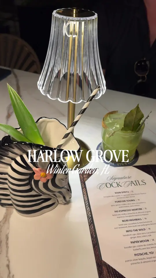 Harlow Grove in Winter Garden showing restaurant preview, cocktails, atmosphere, food, video by _adatewithkait on TikTok