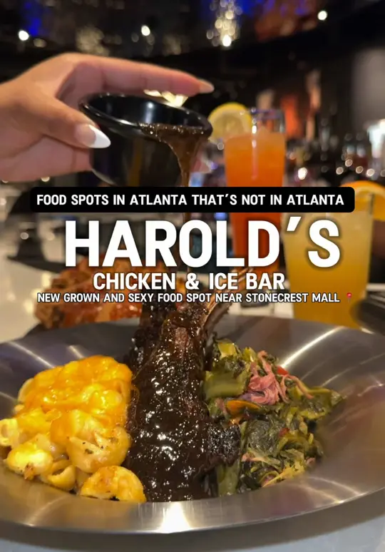 Harold's Chicken & Ice Bar in Lithonia showing restaurant, fried chicken, mac and cheese, collard greens, lamb chops, seafood, pasta, video by _sunshineeats on TikTok