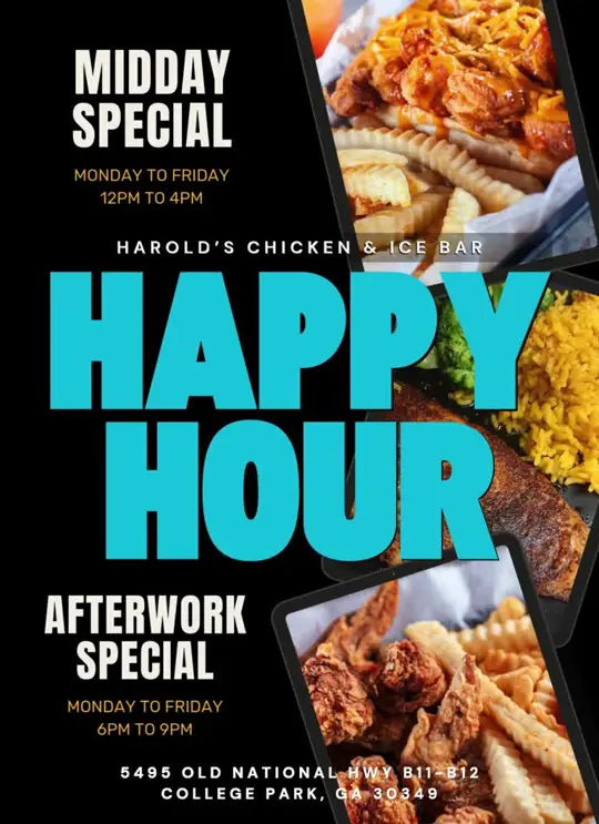 Harold's Chicken & Ice Bar Old National in College Park showing happy hour, lunch specials, video by haroldsoldnatl on TikTok