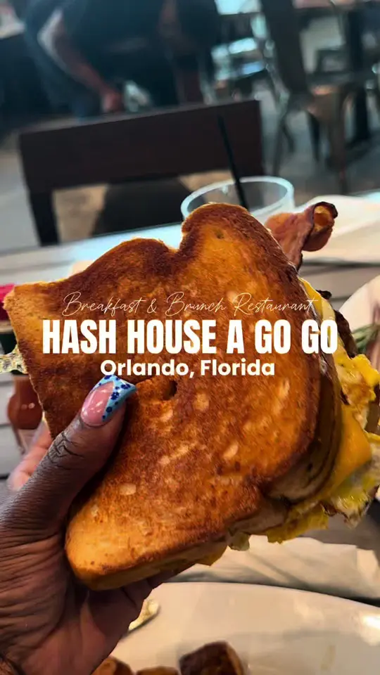 Hash House A Go Go in Orlando showing breakfast sandwich, restaurant visit, video by boughetto.mk on TikTok