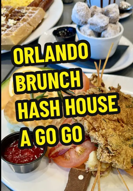Hash House A Go Go in Orlando showing food, johnny’s famous b.l.t. mary, s’mores mocha, andy’s sage fried chicken & eggs, tractor driver combo, video by briantreks on TikTok