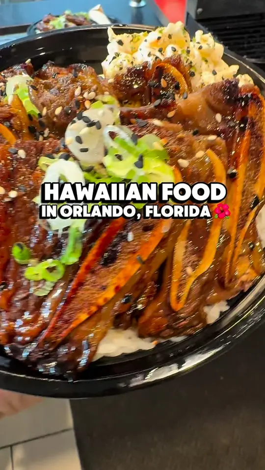 Hawaii Grill & Sushi in St Cloud showing restaurant visit, huli huli chicken, mochiko chicken, loco moco, spam musubi, crispy pork belly, ono shrimp, video by tastychomps on Facebook