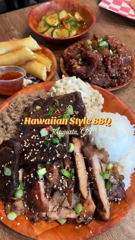 Hawaiian Style BBQ in Augusta showing review, garlic chicken, slow roasted pork, video by emolyxo13 on TikTok