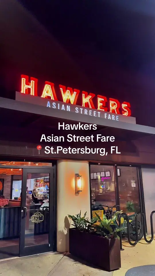Hawkers Asian Street Fare in St. Petersburg showing food, golden wontons, drinks, matcha lychee lemonade, food, pad thai, food, lo mein, food, korean twice-fried wings, video by fahadd.fiz on TikTok