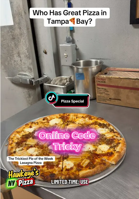 Hawkeye's New York Pizza and Pasta in Tampa showing visit, review, pizza, lasagna pizza, video by tampa4204 on TikTok