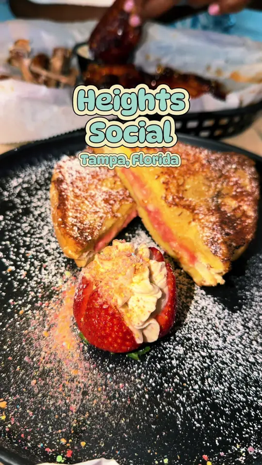 Heights Social in Tampa showing cocktail, margarita flight / food, stuffed french toast / food, steak and eggs / event, live dj, video by adventurousclicks on TikTok